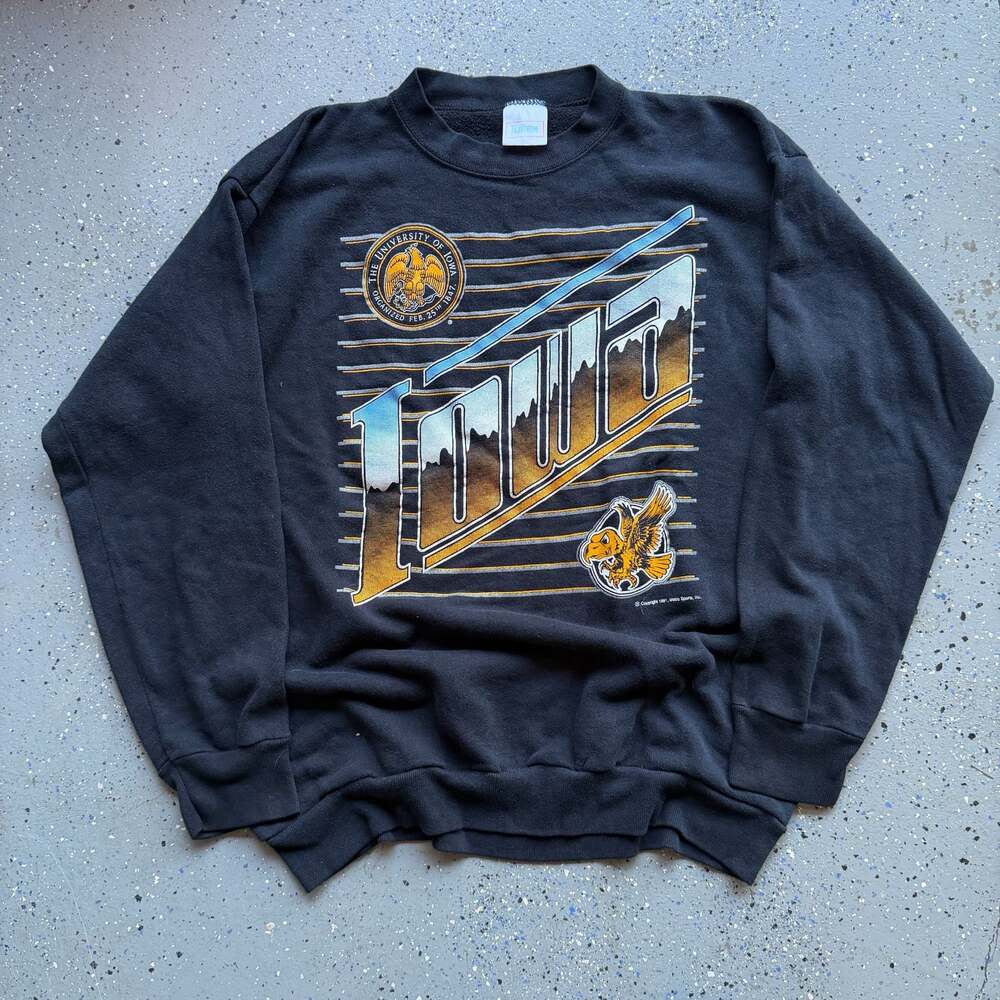 Vintage 1991 University of Iowa Hawkeyes Tultex Black Crewneck Sweatshirt